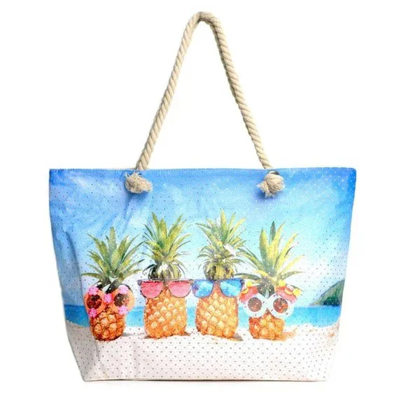 BEACH TIME! Large "Pineapples on Beach" Rhinestone Tote - Picture 3 of 4